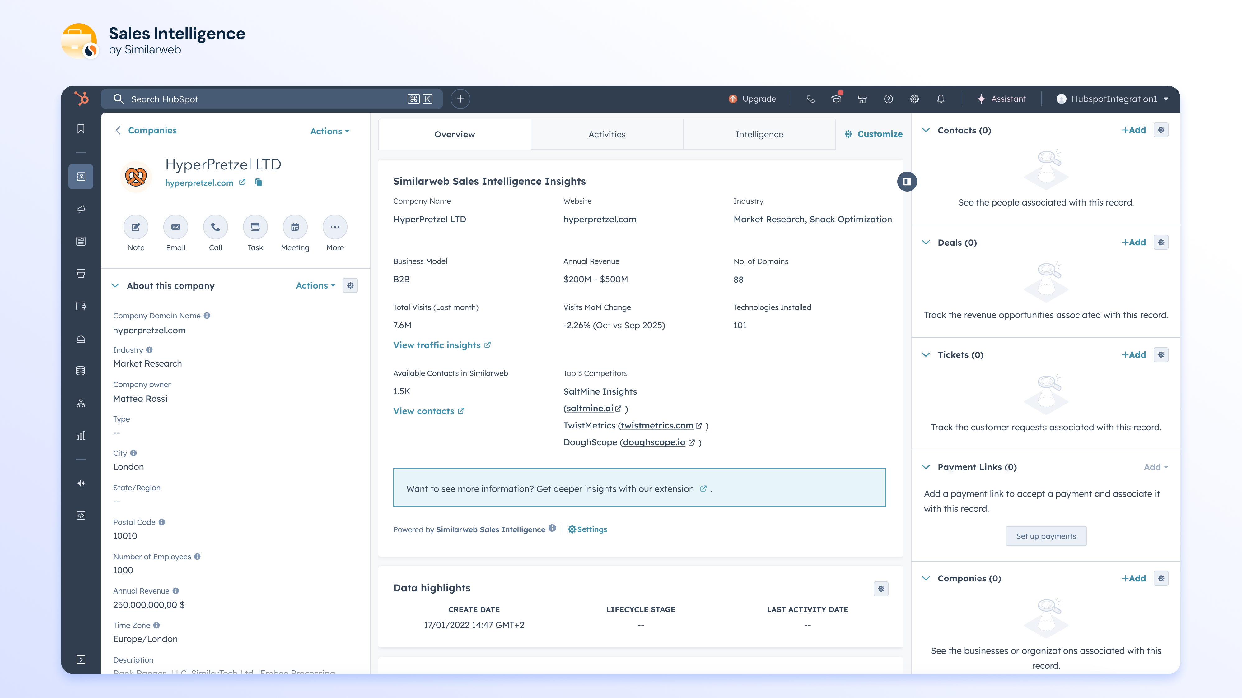 Get Similarweb insights - including traffic data, competitors, technologies, and revenue estimates — directly inside HubSpot.